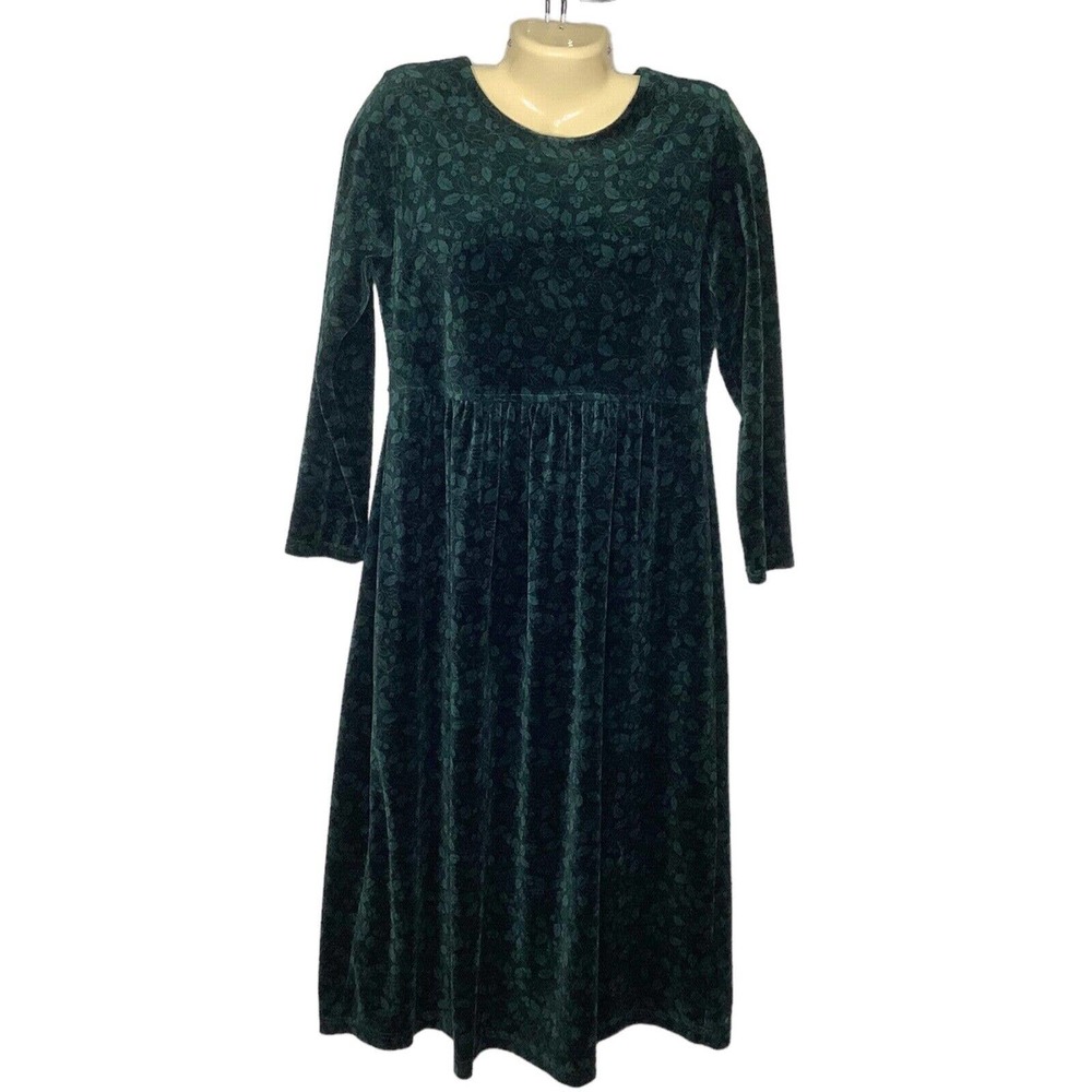 Vintage LL BEAN Dress Womens S/M Green Floral Berries Pullover Midi Velour 90s